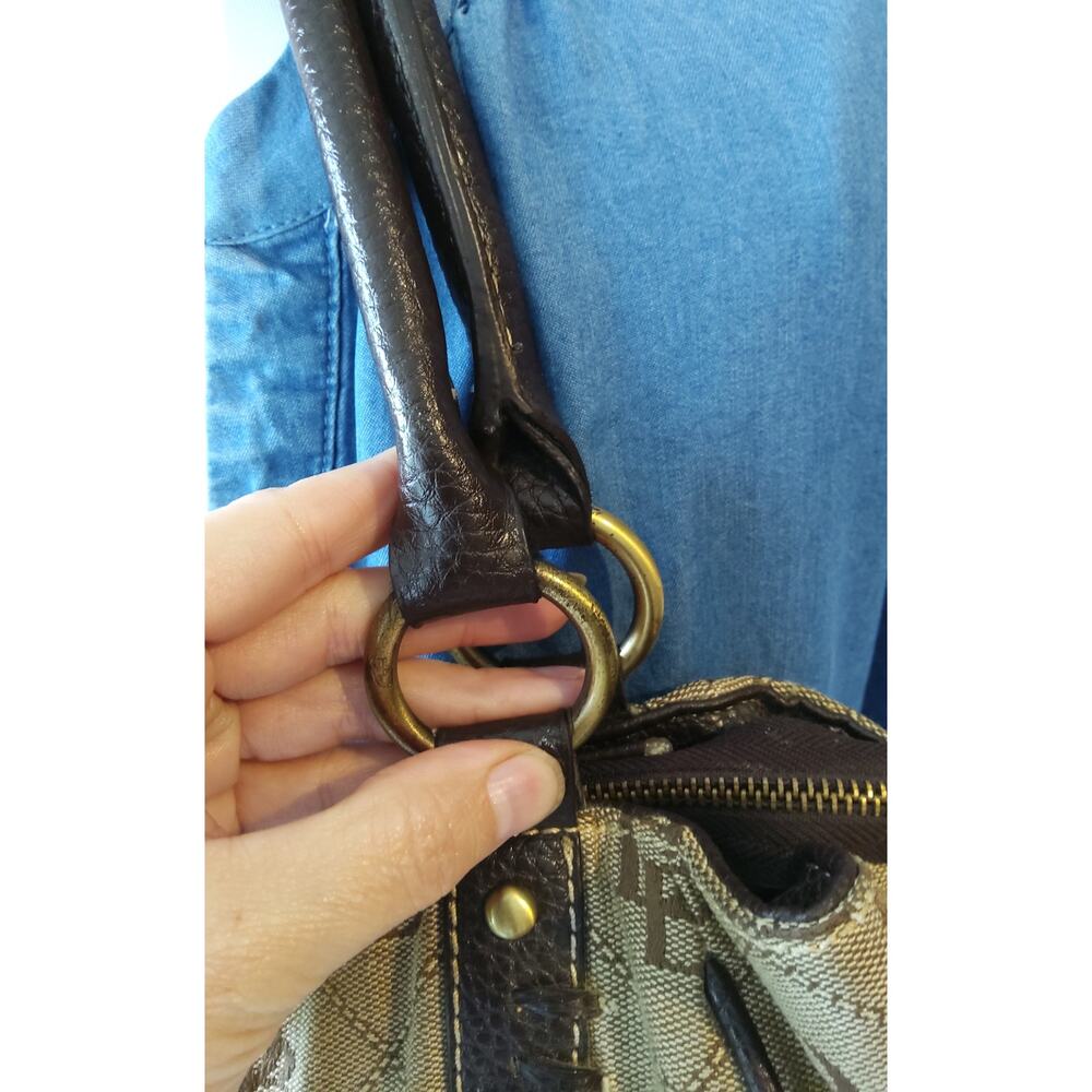 Vtg Dooney & Bourke Victorian brown canvas monogram bag boho hobo leather tassel - Picture 5 of 11